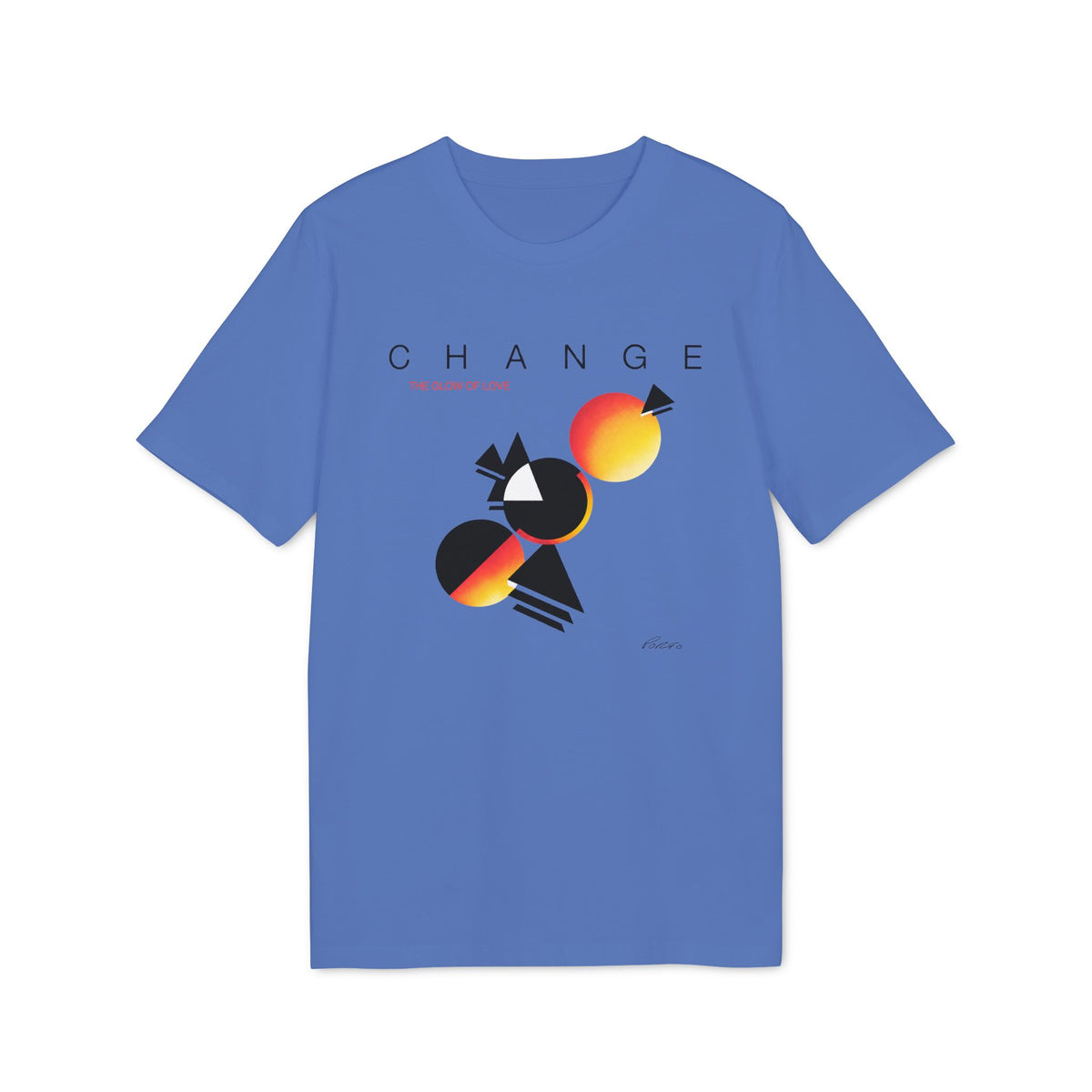 A blue crewneck t-shirt featuring a front graphic with abstract geometric shapes and the text CHANGE.