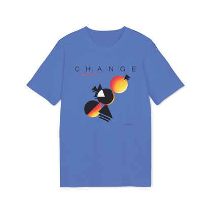 A blue crewneck t-shirt featuring a front graphic with abstract geometric shapes and the text CHANGE.