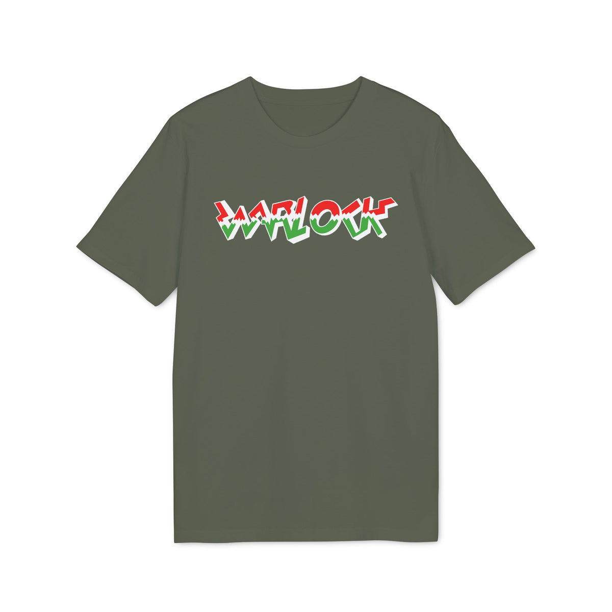 Military green crewneck t-shirt featuring the word Warlock printed in red, white, and green graphics across the chest.
