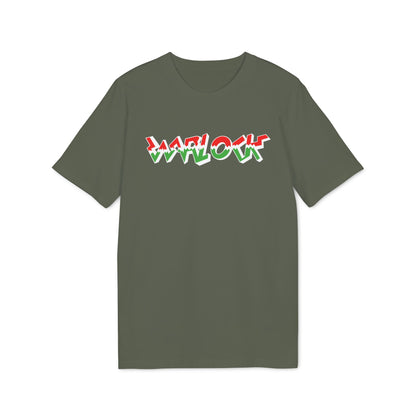 Military green crewneck t-shirt featuring the word Warlock printed in red, white, and green graphics across the chest.