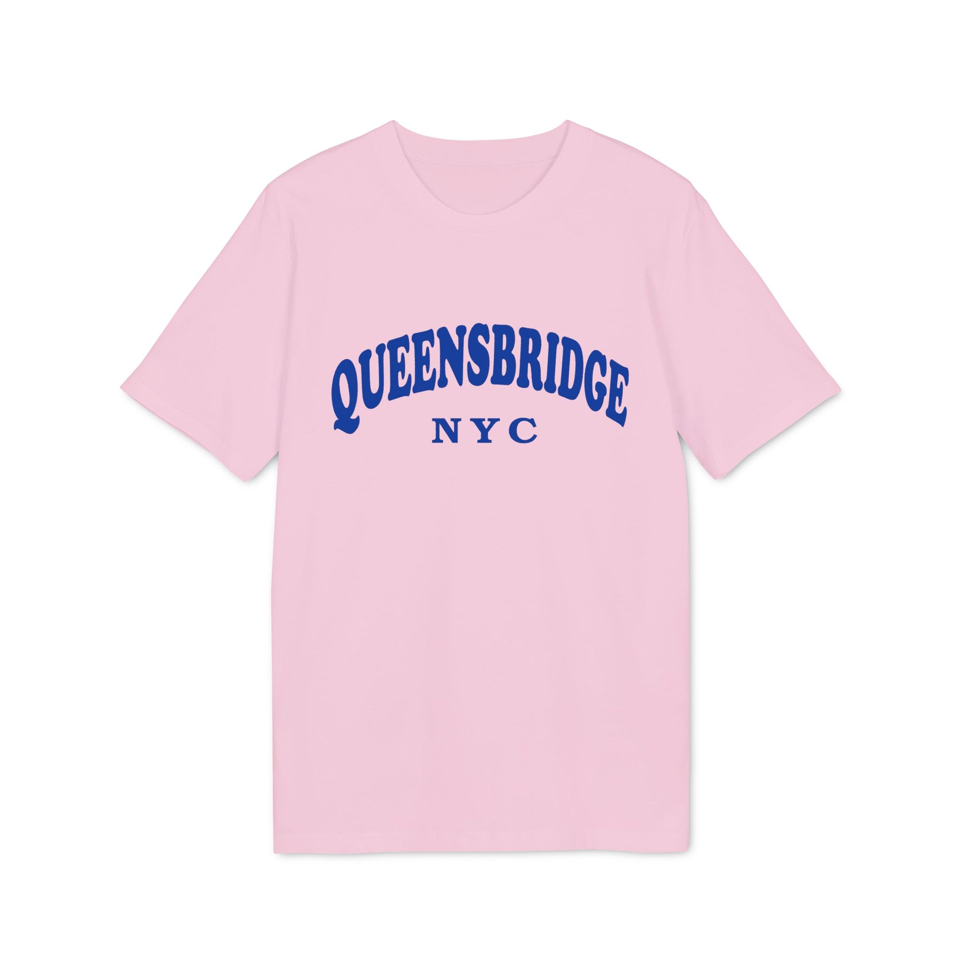Pink t-shirt with "QUEENSBRIDGE NYC" printed in blue.