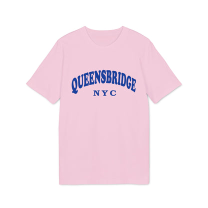 Pink t-shirt with "QUEENSBRIDGE NYC" printed in blue.