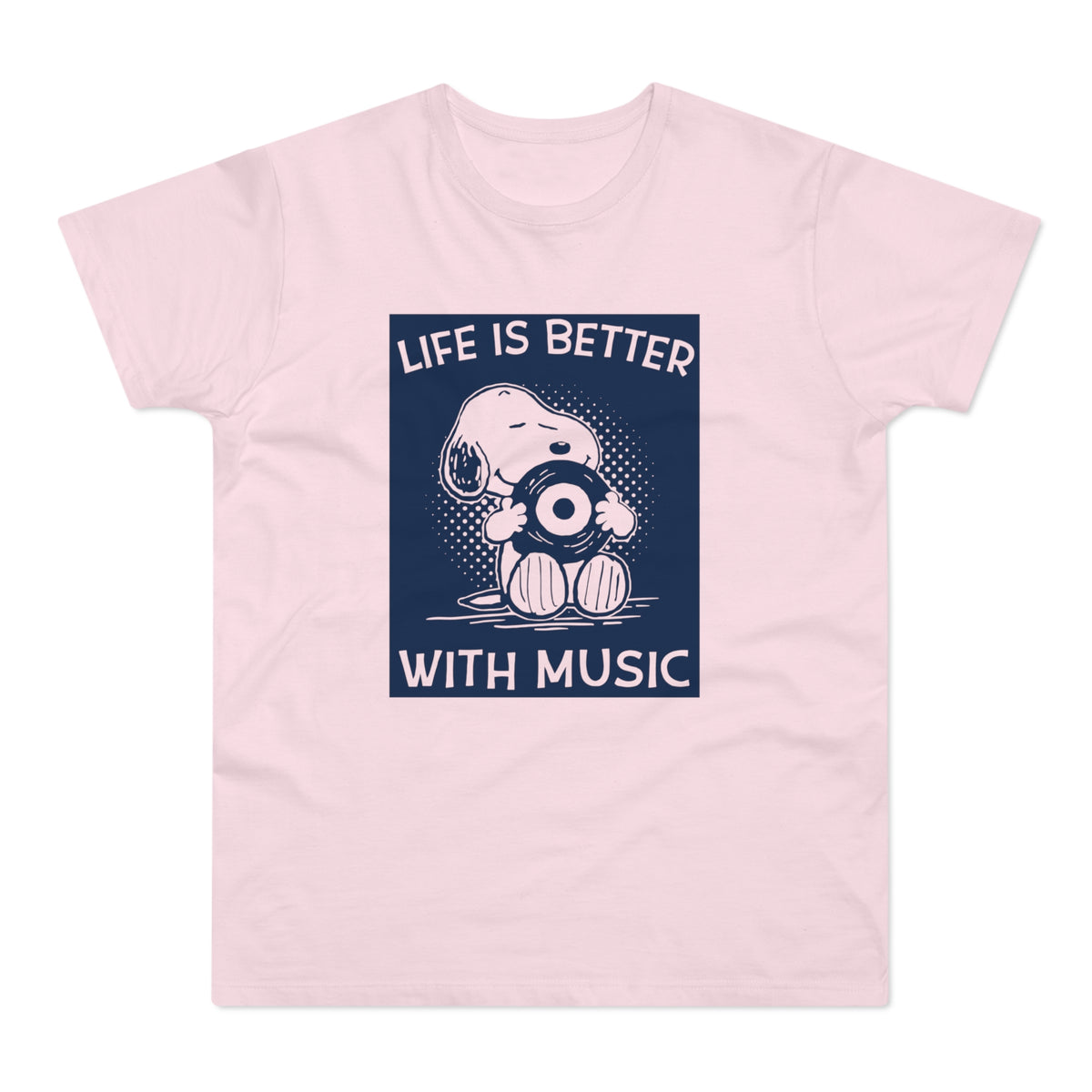 Pink t-shirt with Snoopy holding a record, text reads "Life is Better With Music".