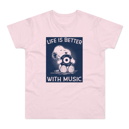 Pink t-shirt with Snoopy holding a record, text reads "Life is Better With Music".