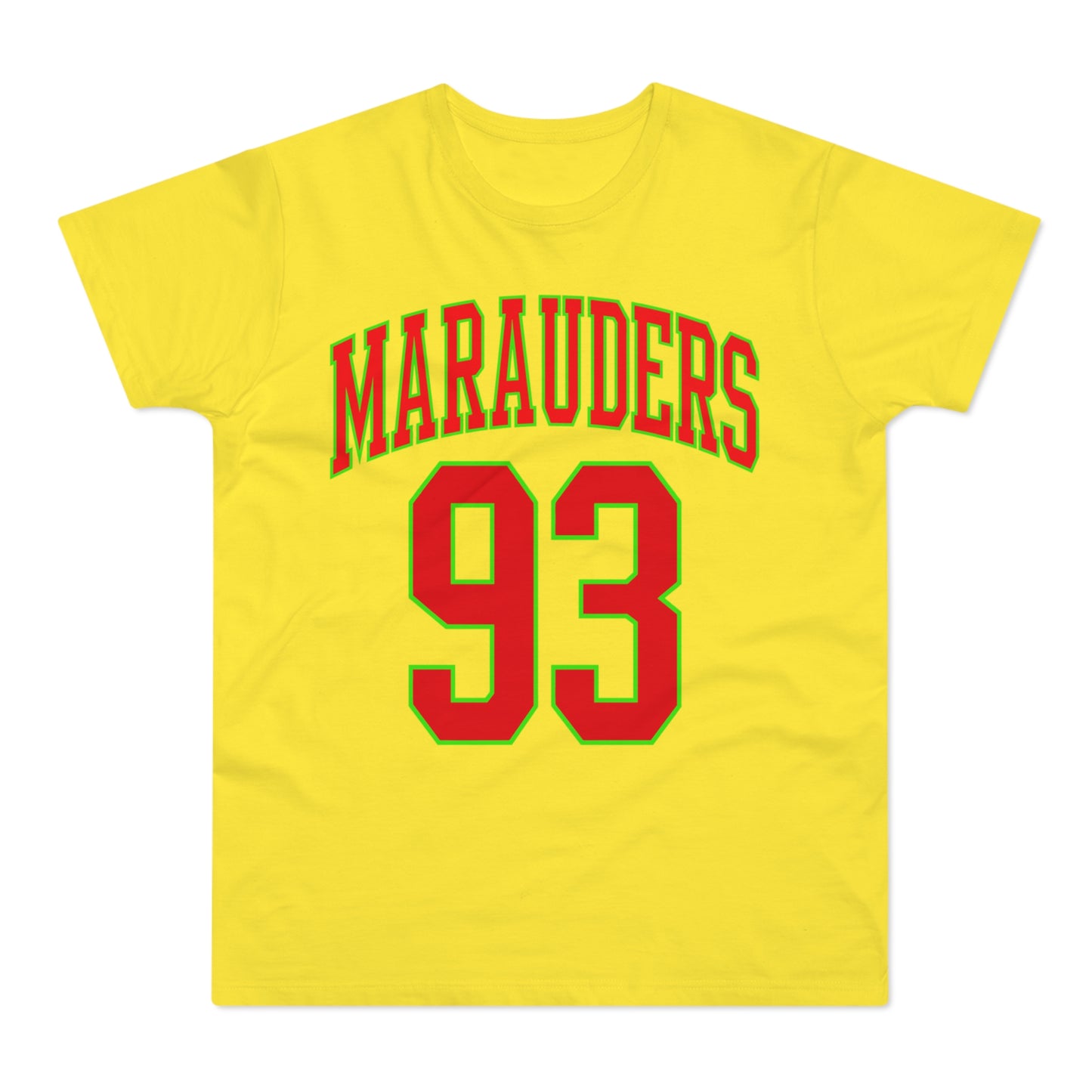Yellow t-shirt with "MARAUDERS" and the number "93" in red and green lettering.