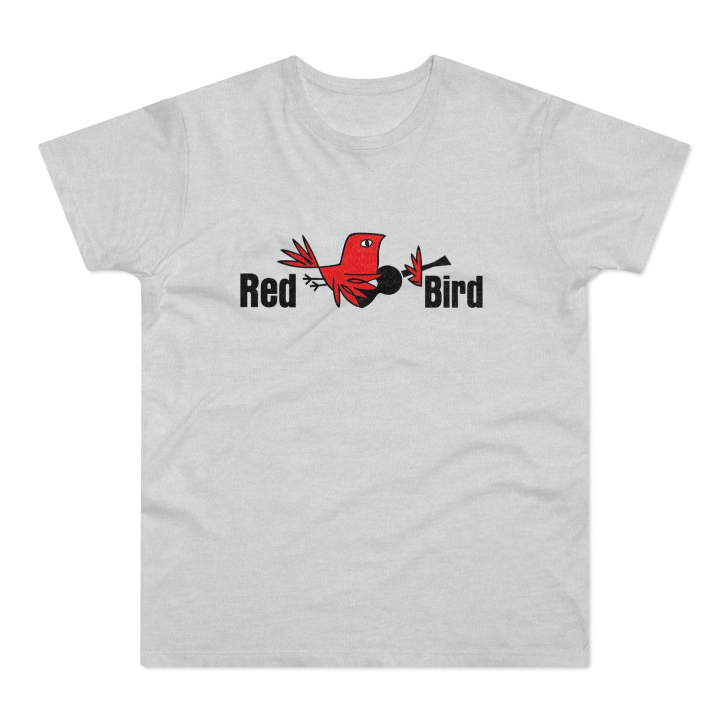 Red Bird logo with red bird graphic and text on a light grey t-shirt.