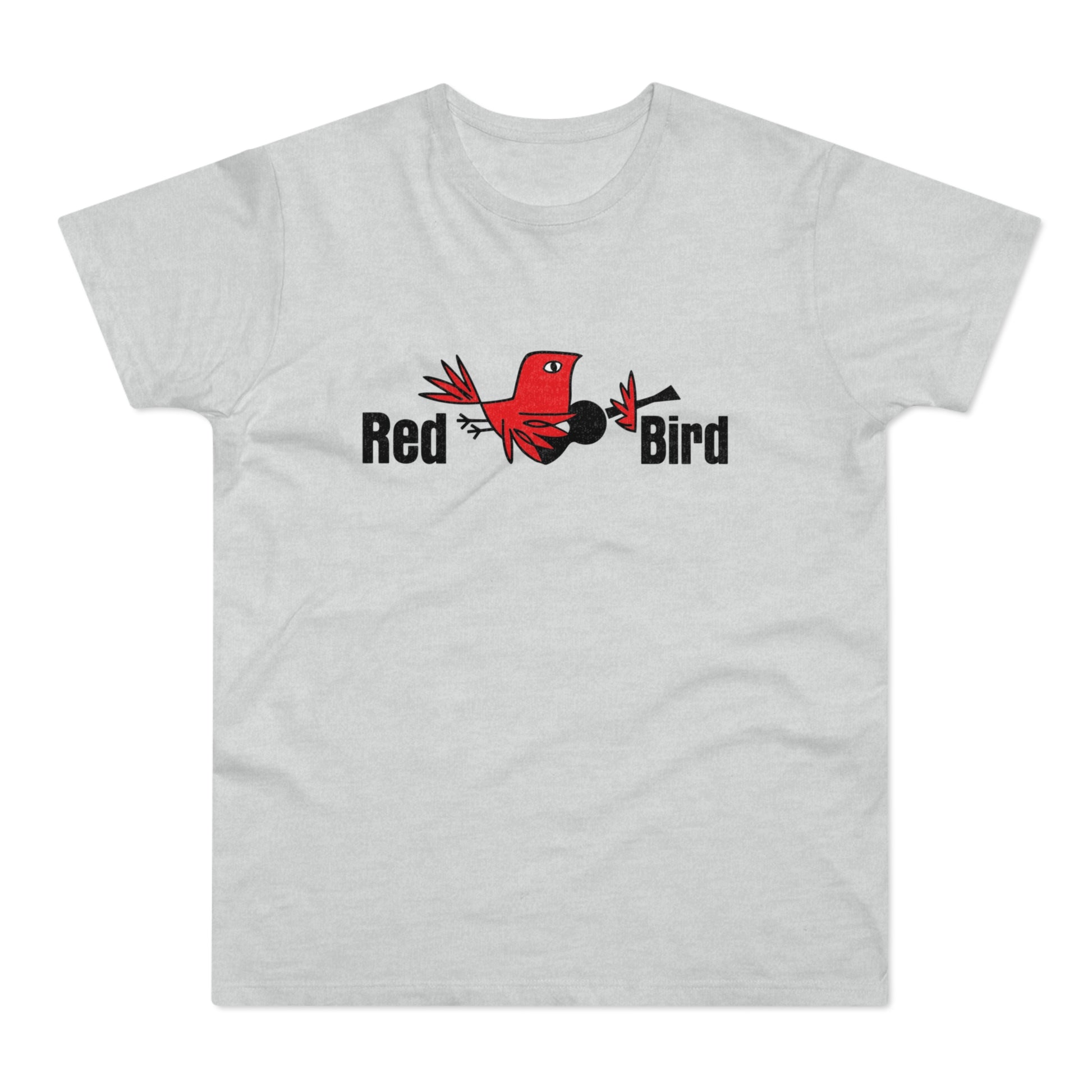 Red Bird logo with red bird graphic and text on a light grey t-shirt.