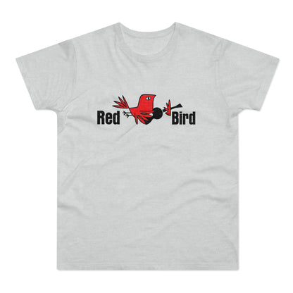 Red Bird logo with red bird graphic and text on a light grey t-shirt.