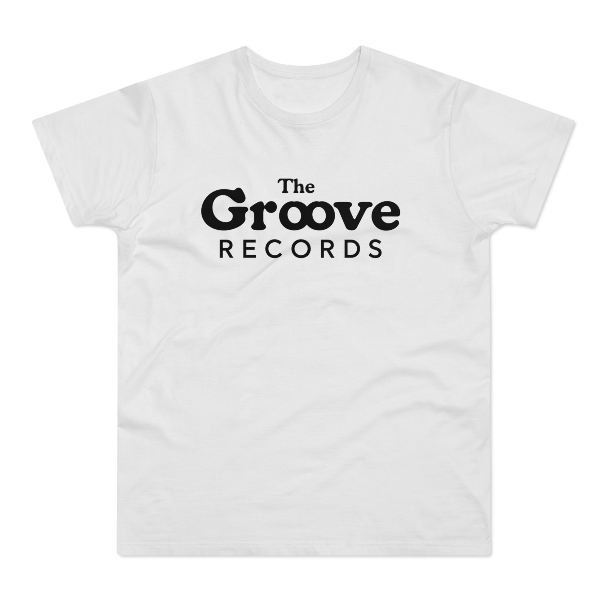 White t-shirt with black text "The Groove Records" on the front.