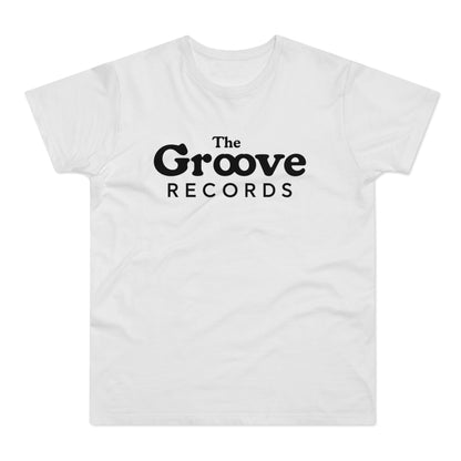 White t-shirt with black text "The Groove Records" on the front.