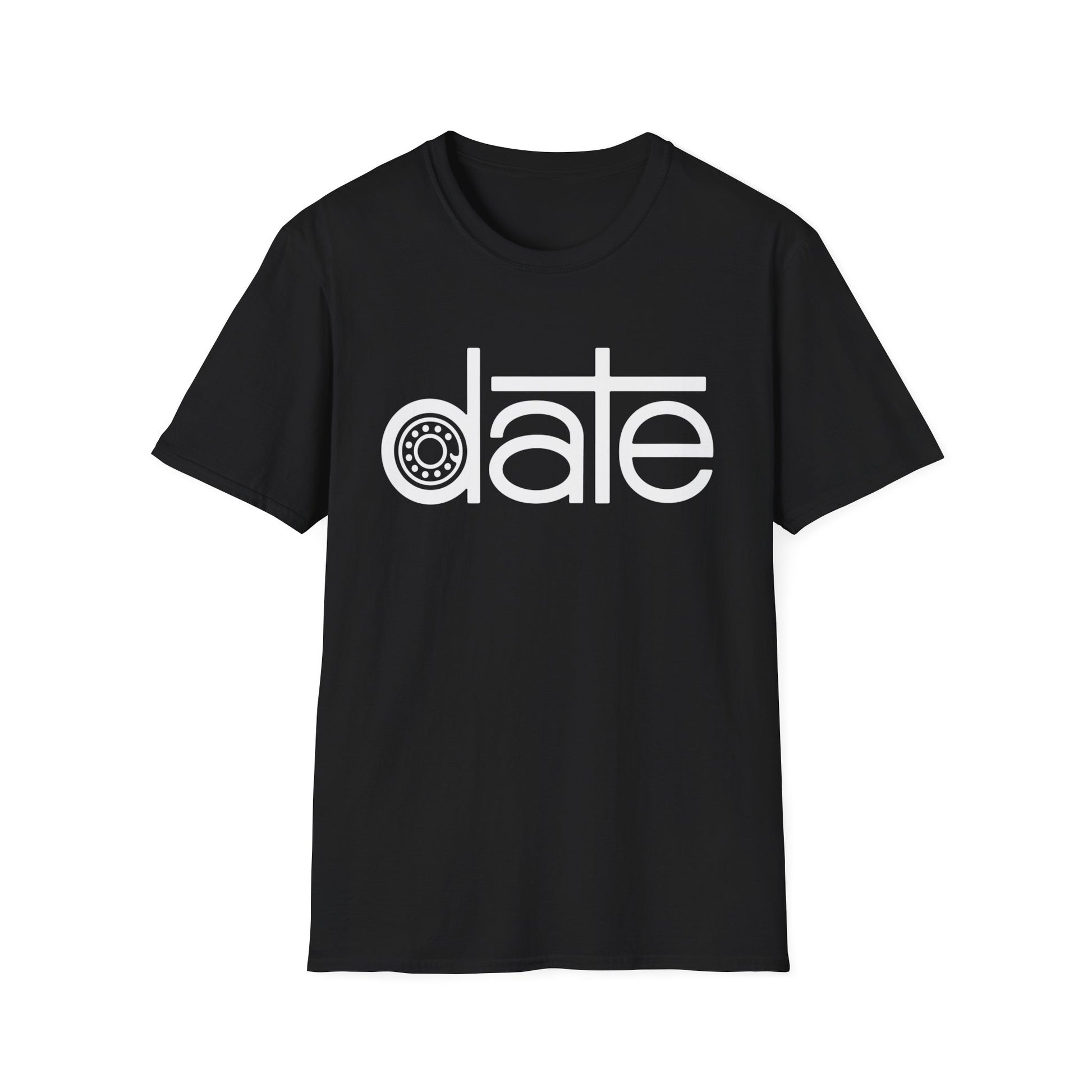 Black t-shirt with white text and graphic that reads "date".