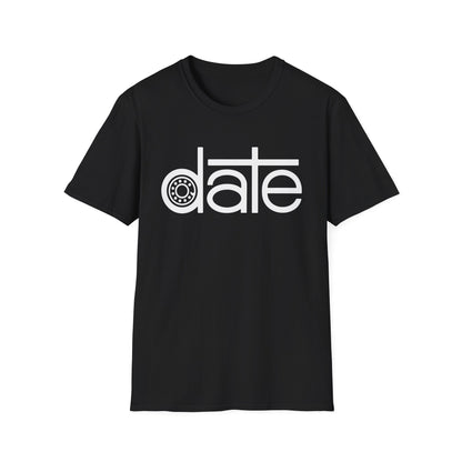 Black t-shirt with white text and graphic that reads "date".