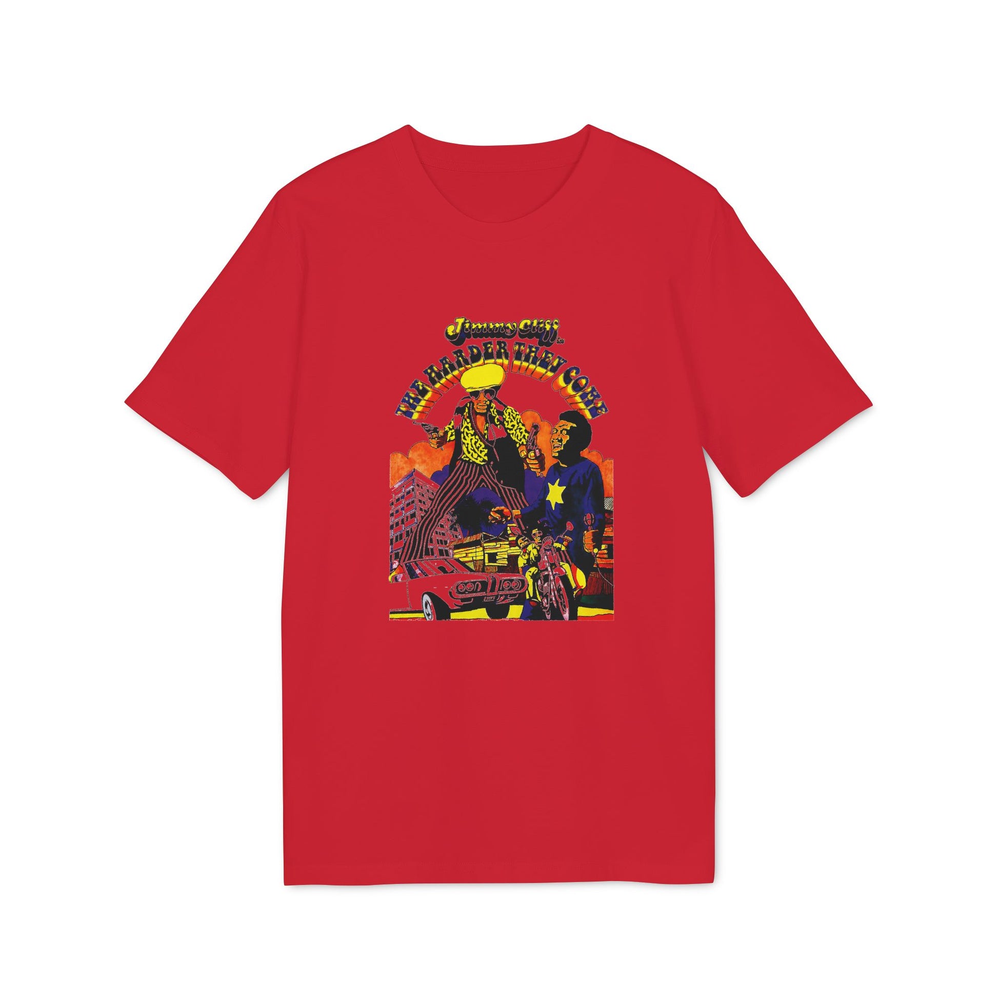 Red t-shirt with graphic of Jimmy Cliff and text "THE HARDER THEY COME."