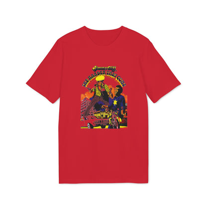Red t-shirt with graphic of Jimmy Cliff and text "THE HARDER THEY COME."