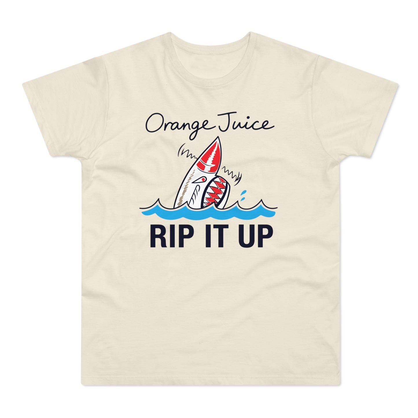 Cream t-shirt with cartoon shark and text "Orange Juice RIP IT UP".