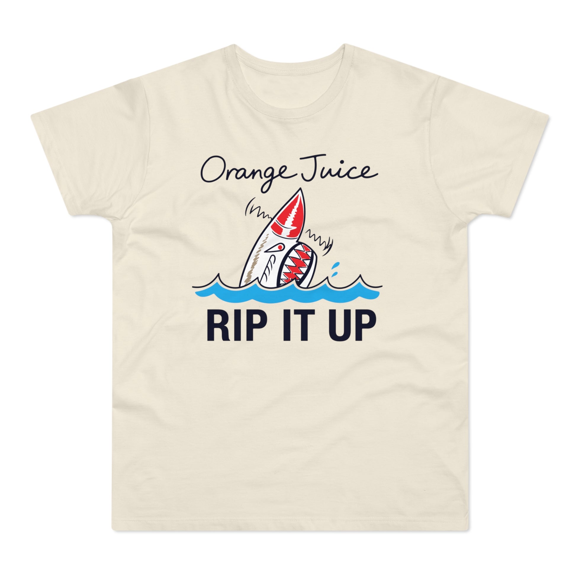 Cream t-shirt with cartoon shark and text "Orange Juice RIP IT UP".