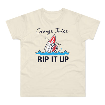 Cream t-shirt with cartoon shark and text "Orange Juice RIP IT UP".