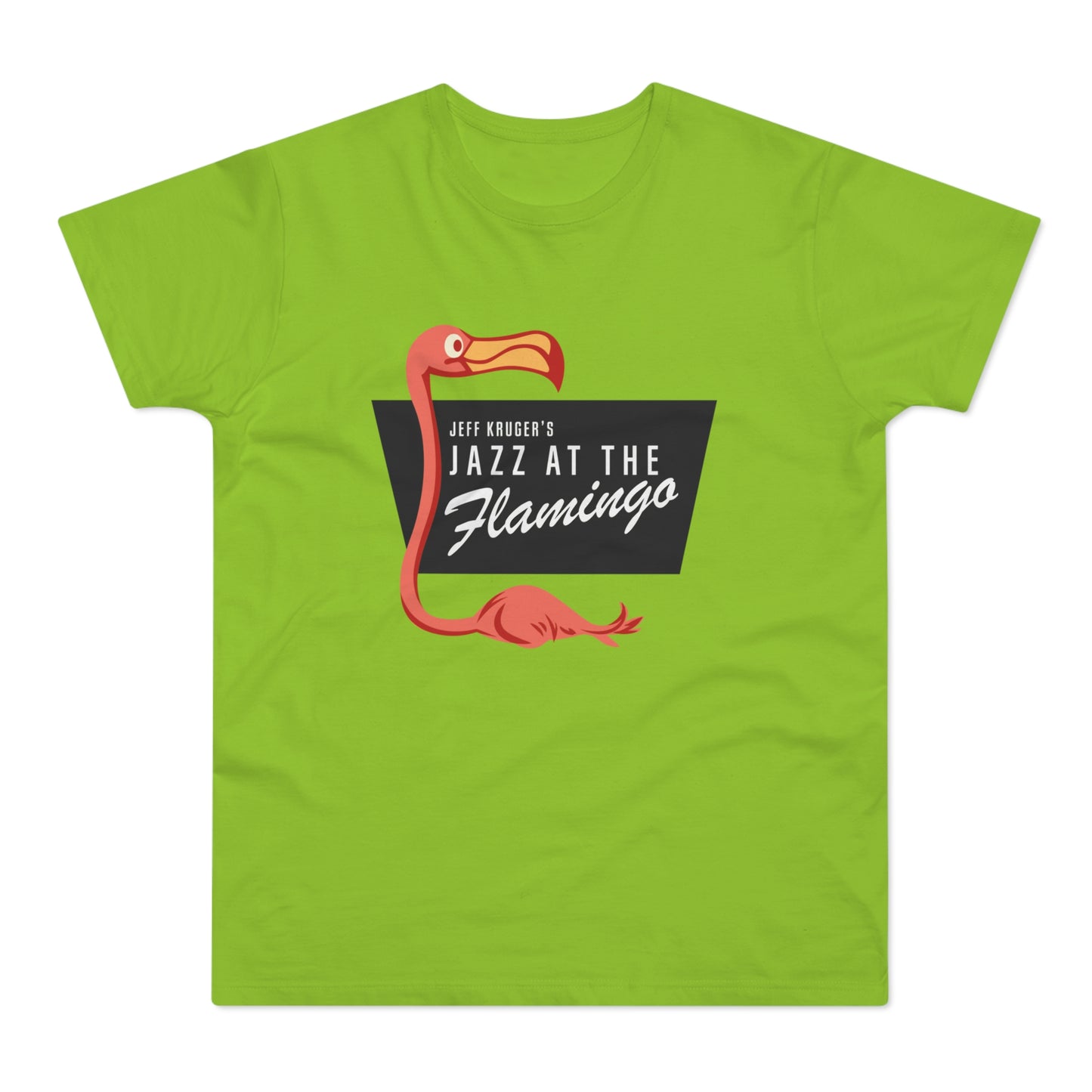 Lime green t-shirt with a graphic reading "Jeff Kruger's Jazz at The Flamingo".