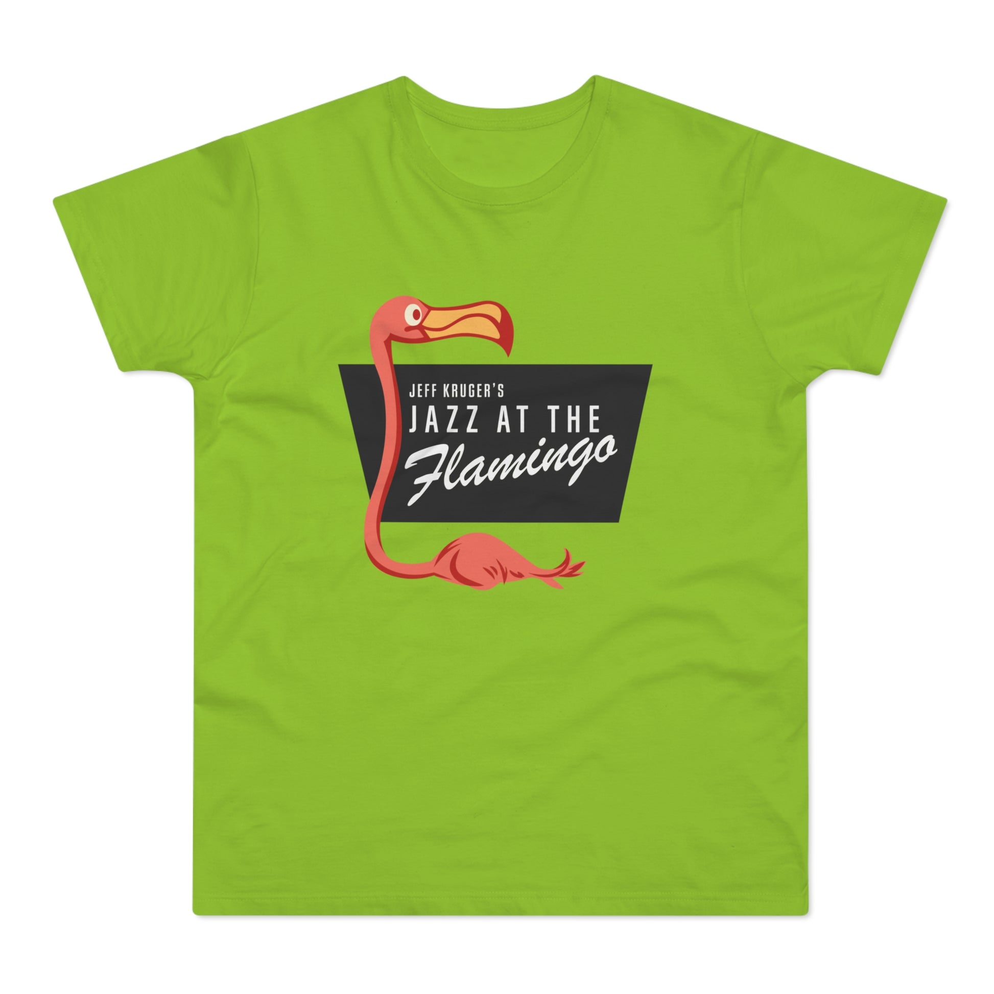 Lime green t-shirt with a graphic reading "Jeff Kruger's Jazz at The Flamingo".