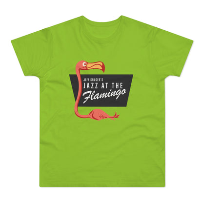 Lime green t-shirt with a graphic reading "Jeff Kruger's Jazz at The Flamingo".