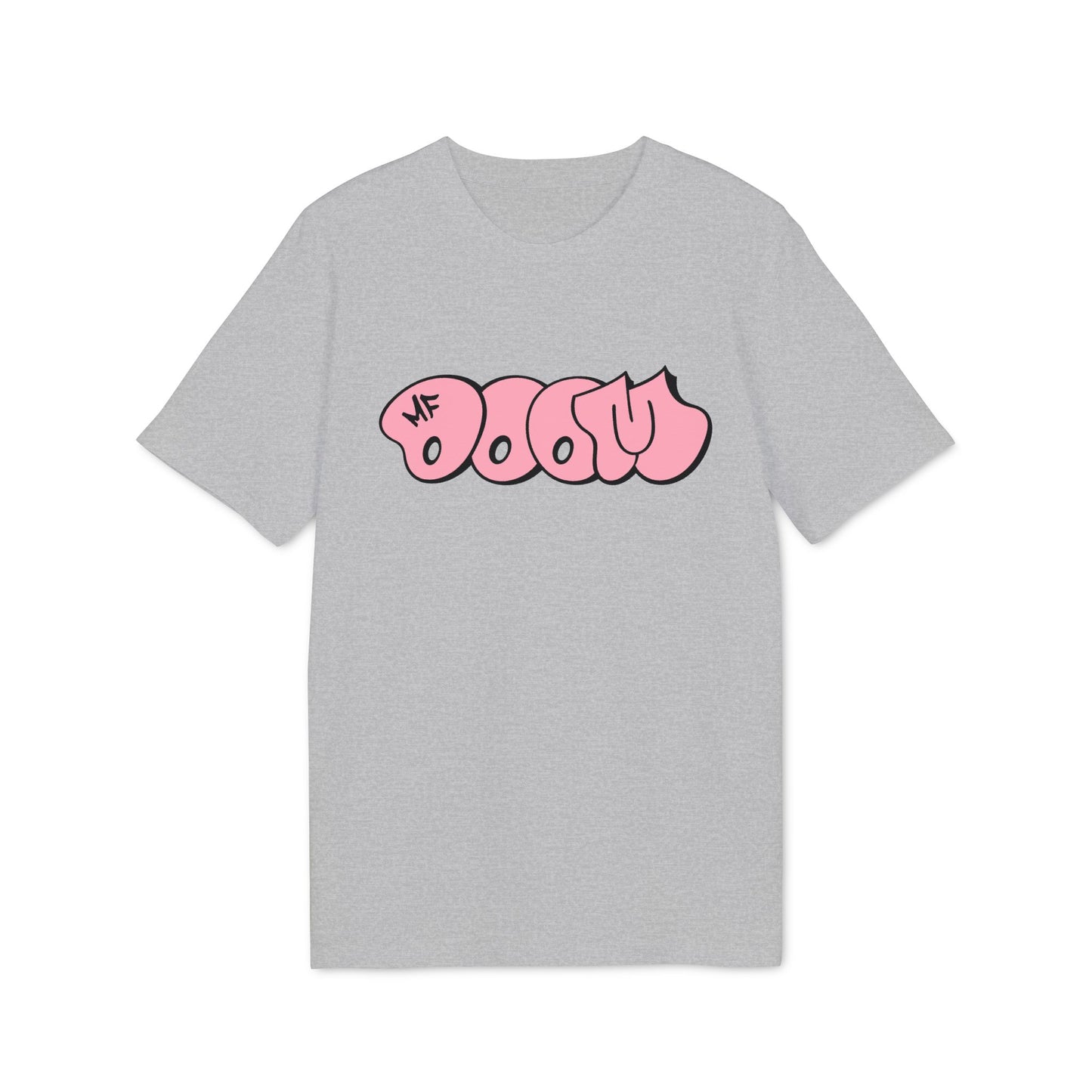 Grey t-shirt with pink "DOOM" graffiti graphic and "MF" logo.