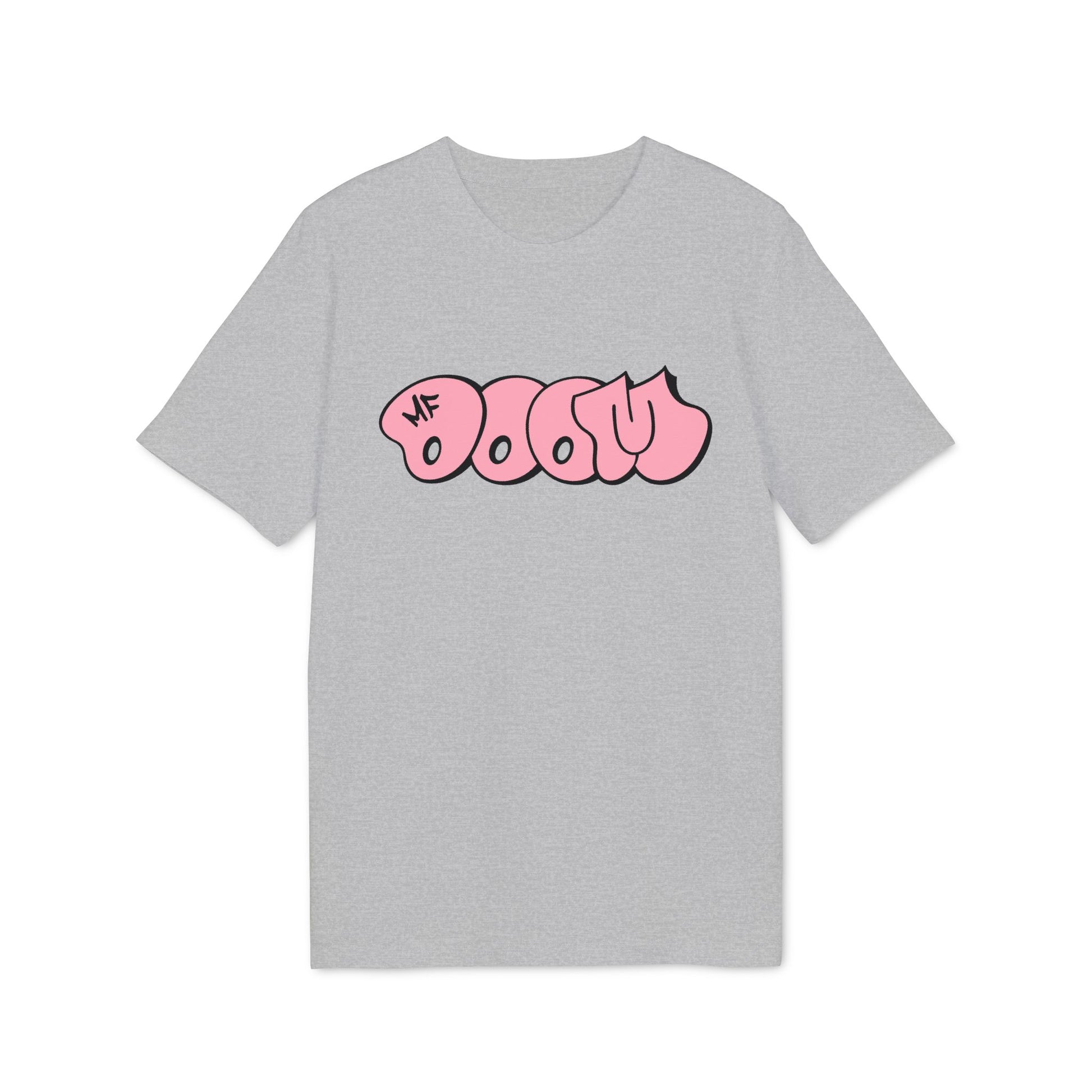 Grey t-shirt with pink "DOOM" graffiti graphic and "MF" logo.