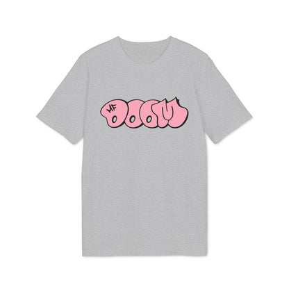 Grey t-shirt with pink "DOOM" graffiti graphic and "MF" logo.