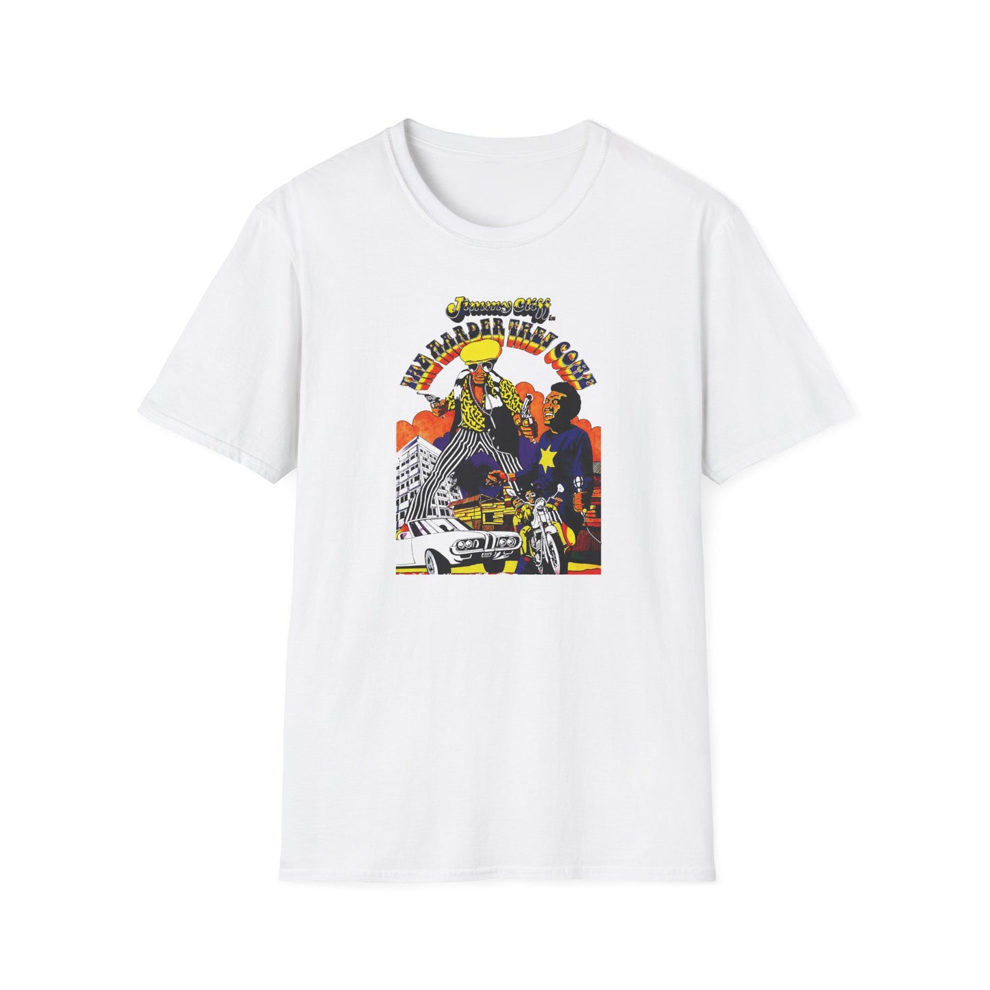 Jimmy Cliff's "The Harder They Come" graphic with stylized figures, cars, and cityscape.