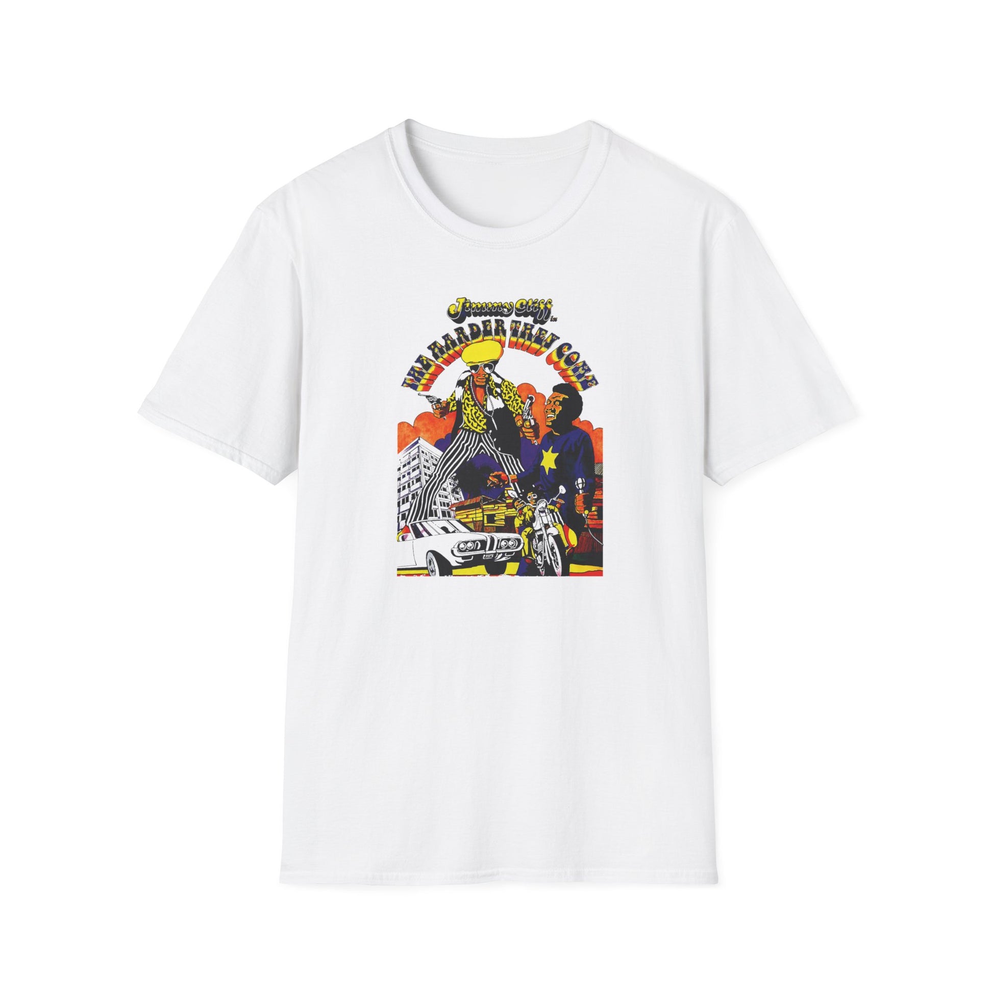Jimmy Cliff's "The Harder They Come" graphic with stylized figures, cars, and cityscape.