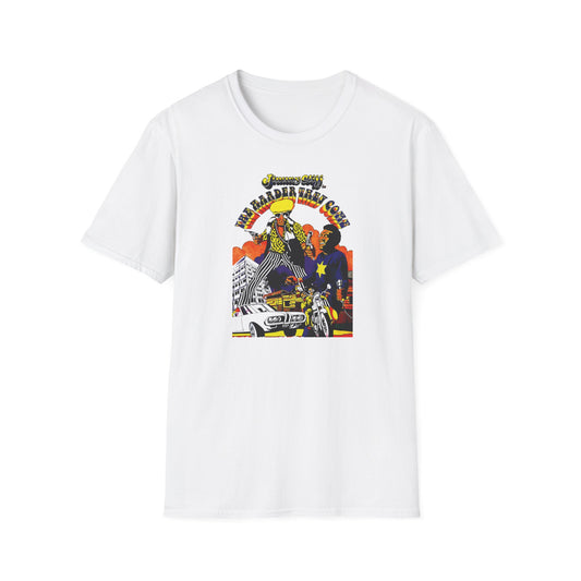 Jimmy Cliff's "The Harder They Come" graphic with stylized figures, cars, and cityscape.