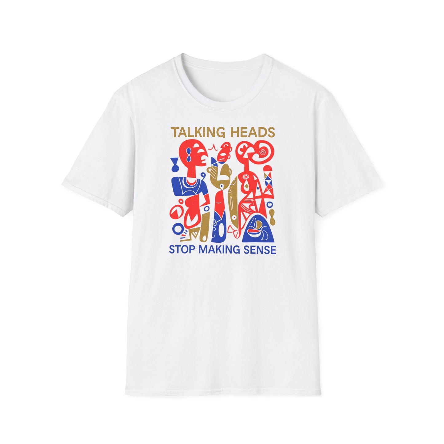 White t-shirt with "Talking Heads" and abstract figures in red, gold, and blue.