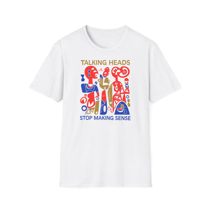 White t-shirt with "Talking Heads" and abstract figures in red, gold, and blue.