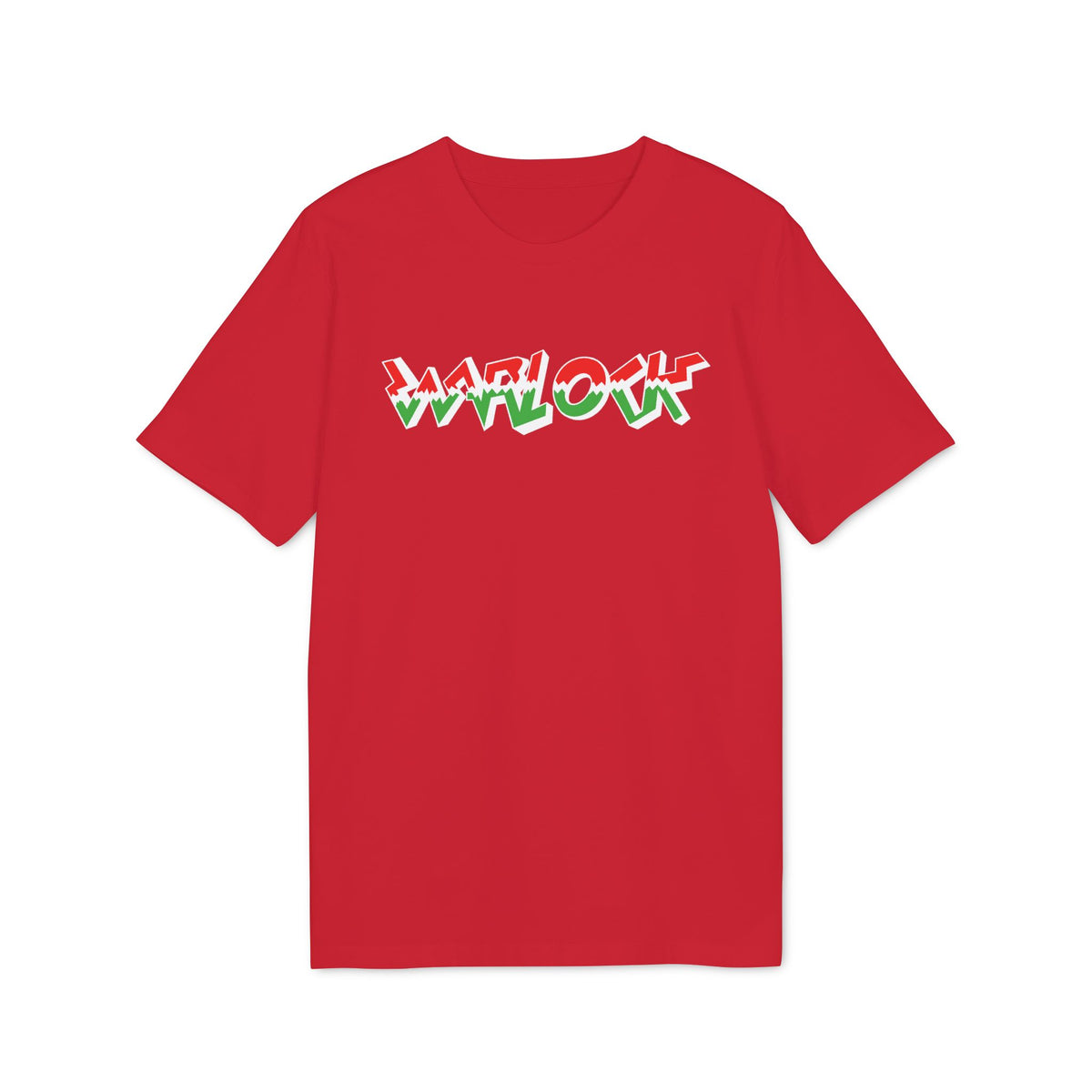 A red short-sleeved t-shirt featuring a white, red, and green graffiti-style logo on the chest.