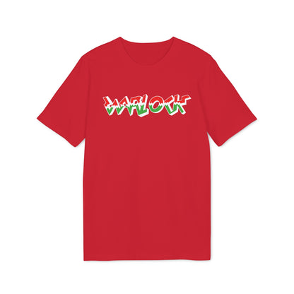 A red short-sleeved t-shirt featuring a white, red, and green graffiti-style logo on the chest.