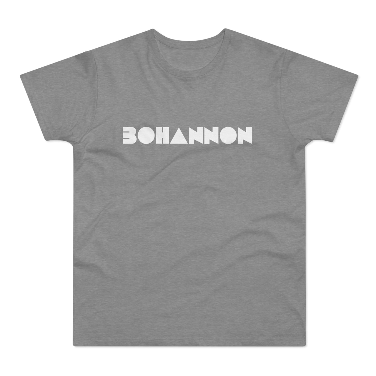 Grey t-shirt with white text "BOHANNON" in geometric font.
