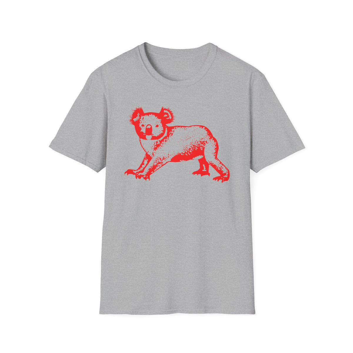Grey t-shirt with a red koala graphic.