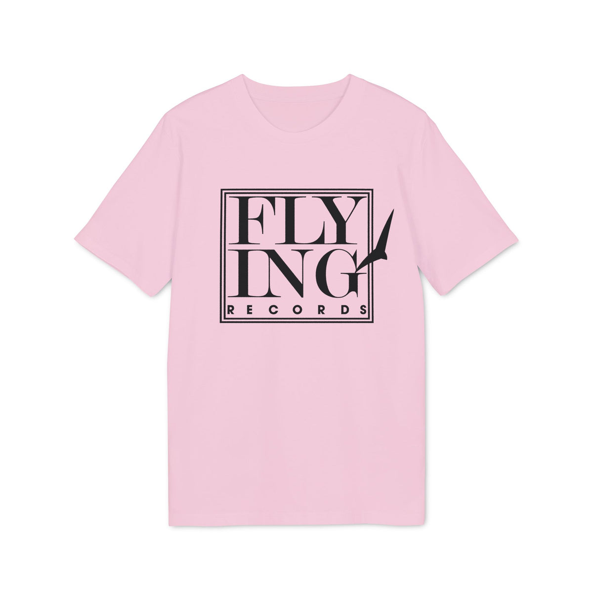 Light pink short-sleeved t-shirt with a black framed logo that reads Flying Records and a soaring bird graphic.