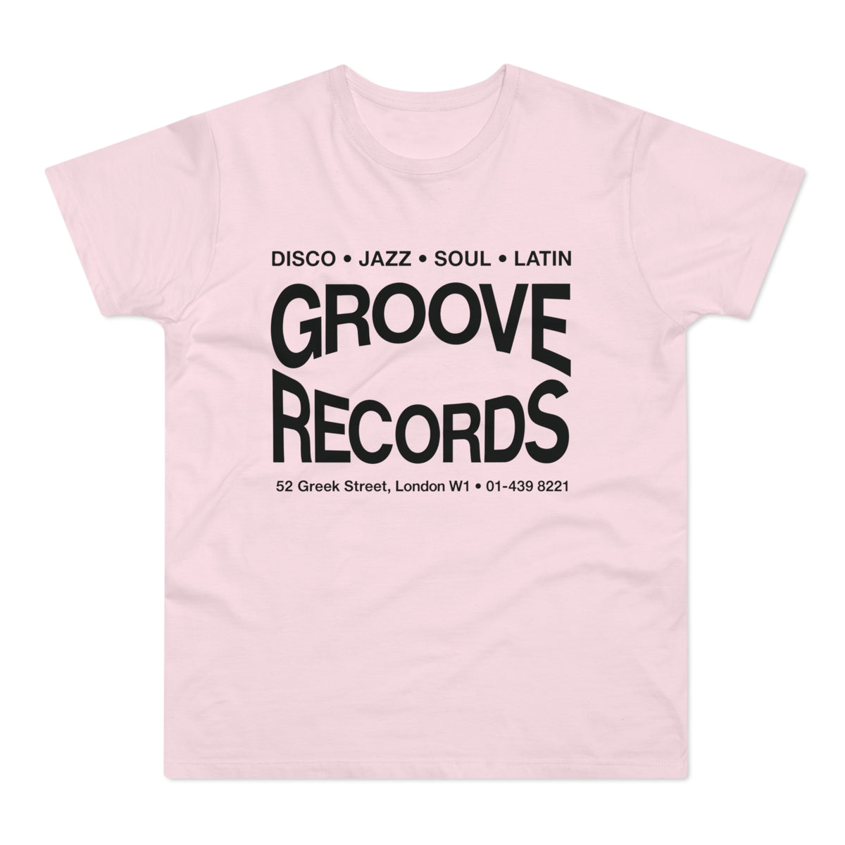 Pink t-shirt with "Groove Records" logo and address and phone number.