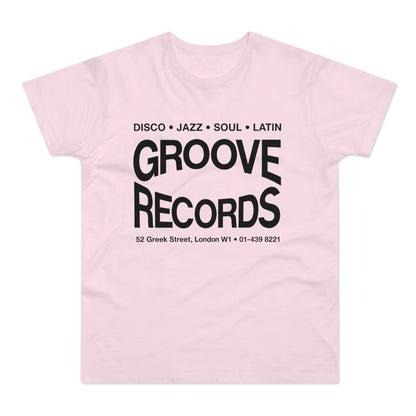 Pink t-shirt with "Groove Records" logo and address and phone number.