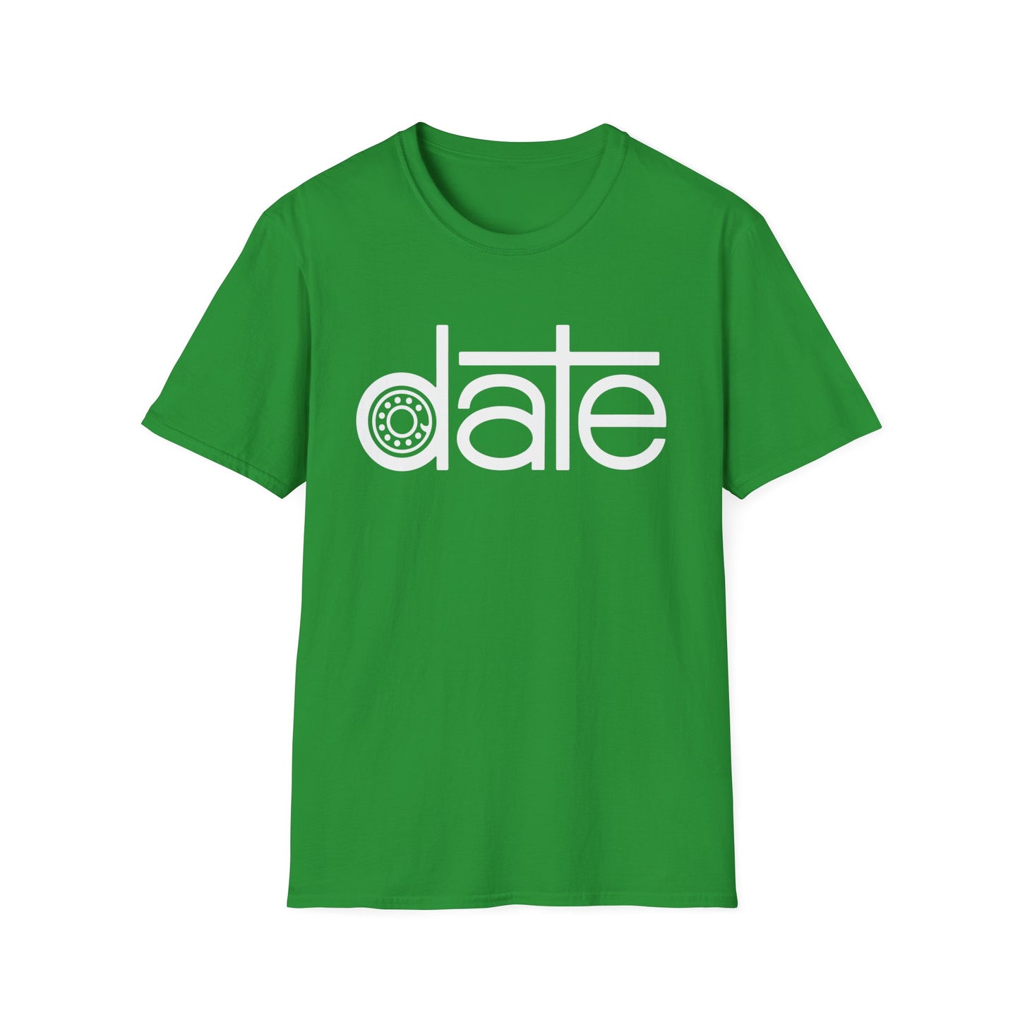 Green t-shirt with white text "date" and a circular logo.