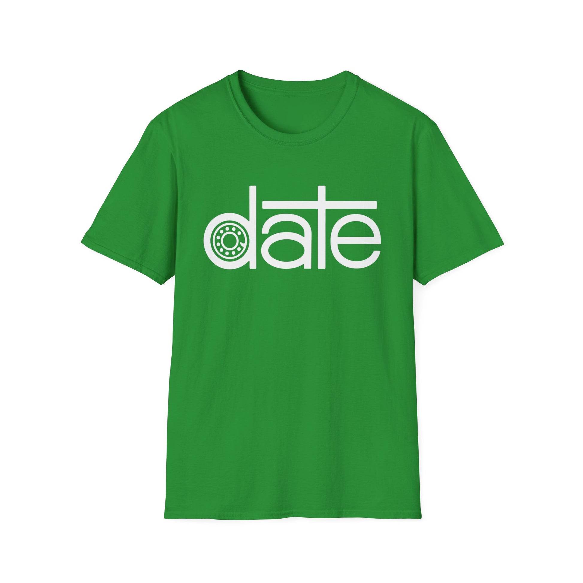 Green t-shirt with white text "date" and a circular logo.