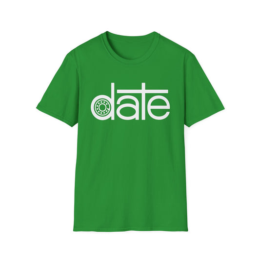 Green t-shirt with white text "date" and a circular logo.