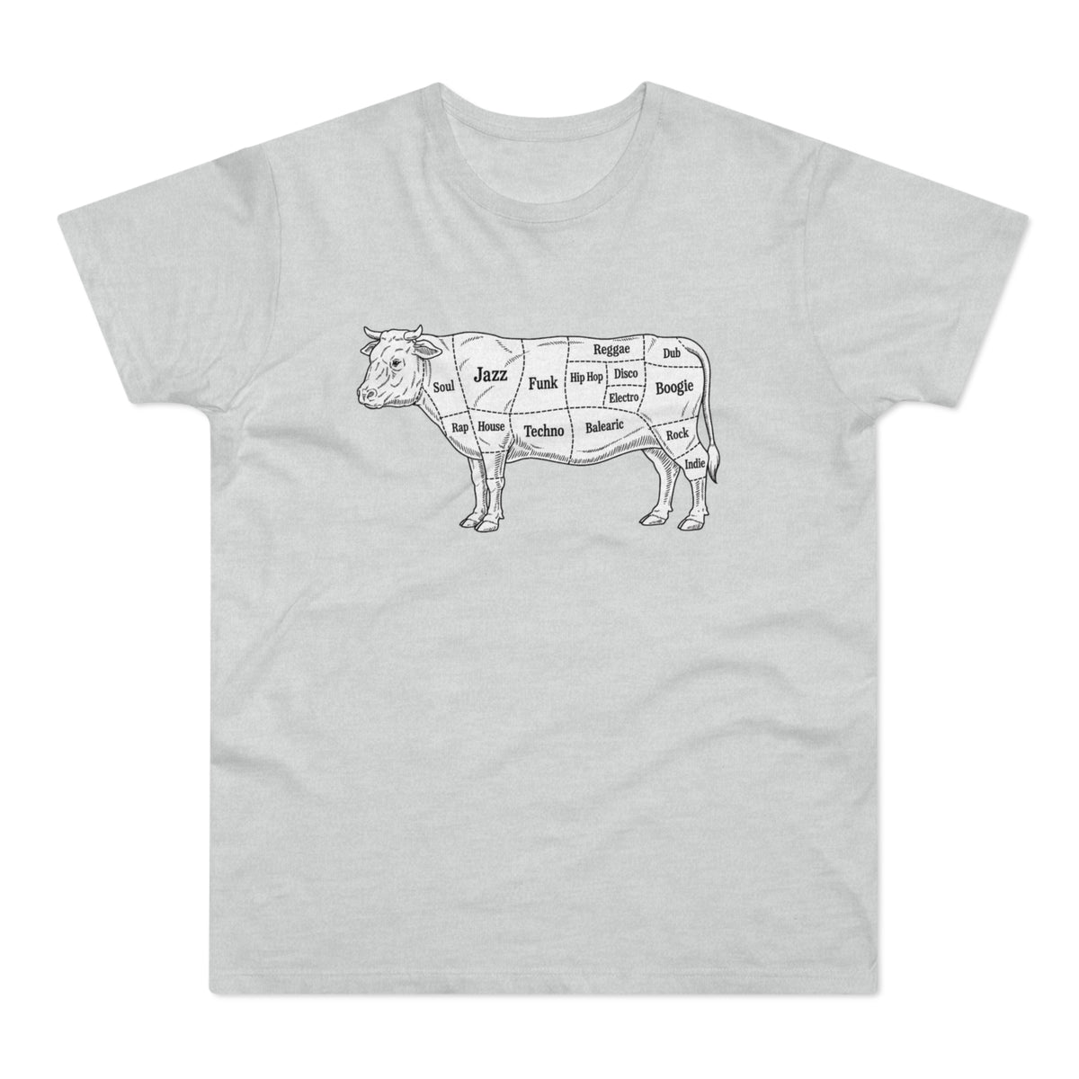 Line art of a cow with different music genres labeled on its cuts.