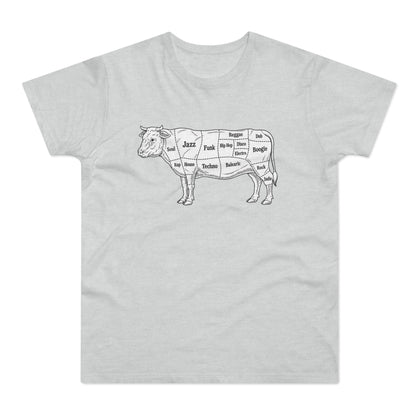 Line art of a cow with different music genres labeled on its cuts.