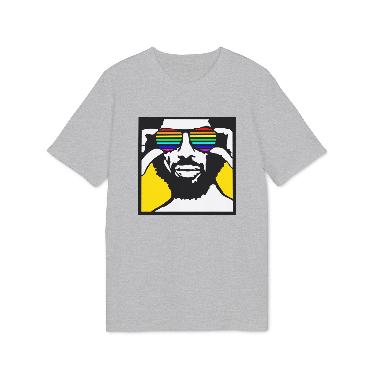 Gray t-shirt with graphic of a man wearing rainbow striped sunglasses.