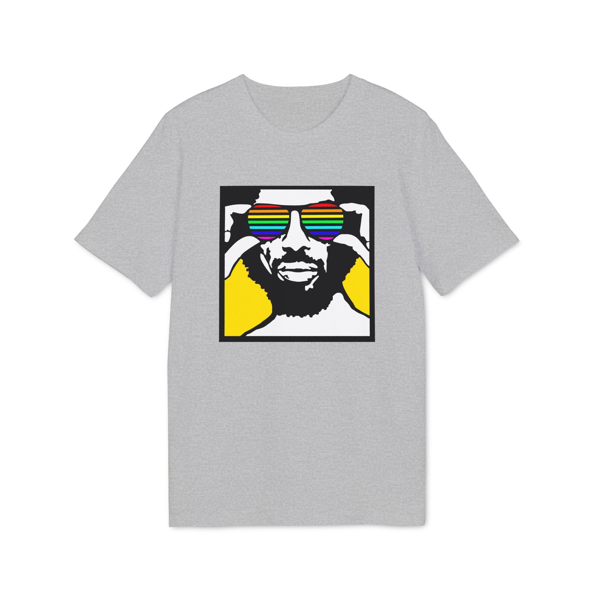 Gray t-shirt with graphic of a man wearing rainbow striped sunglasses.