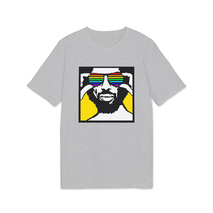Gray t-shirt with graphic of a man wearing rainbow striped sunglasses.