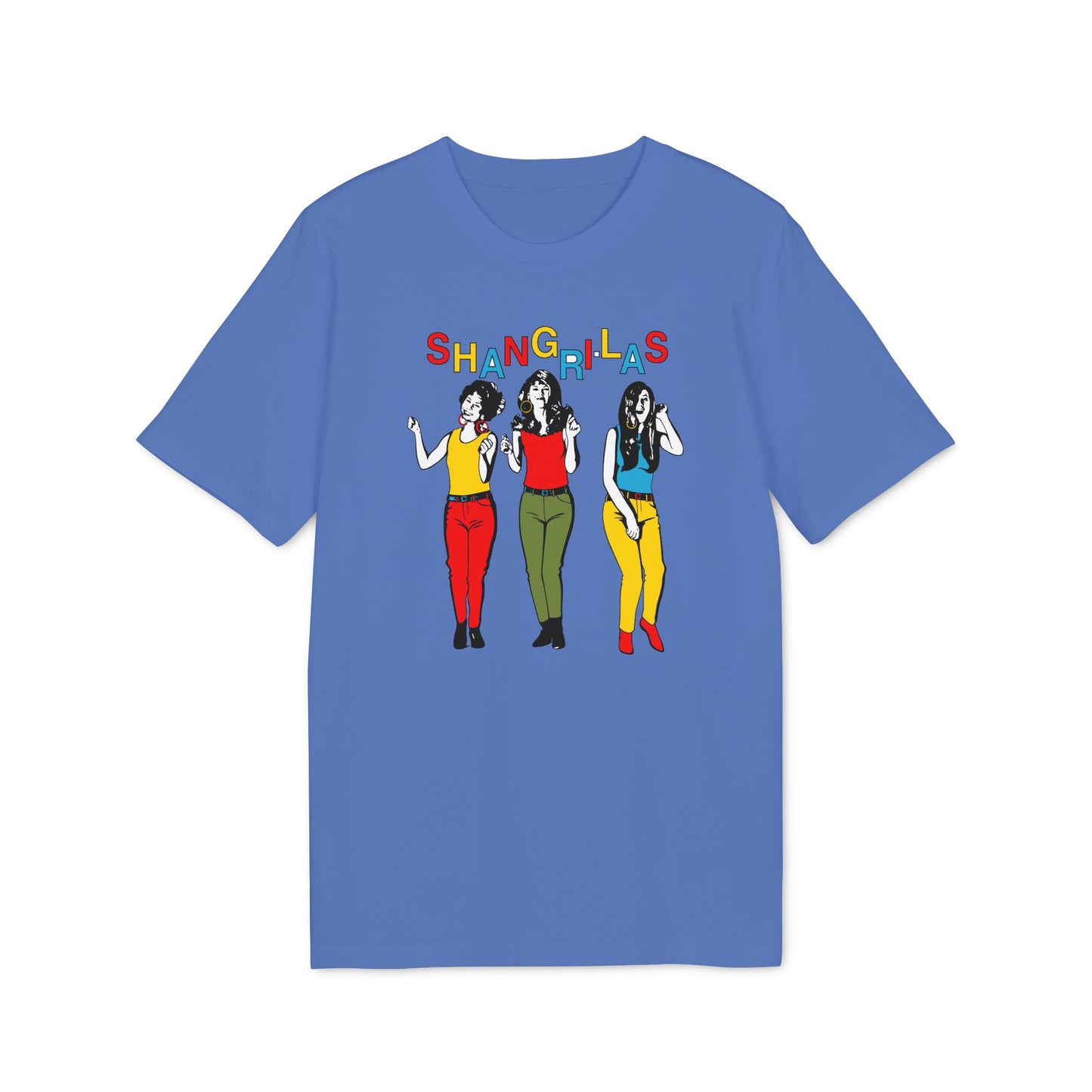 T-shirt with colorful "Shangri-Las" text and illustration of three women.