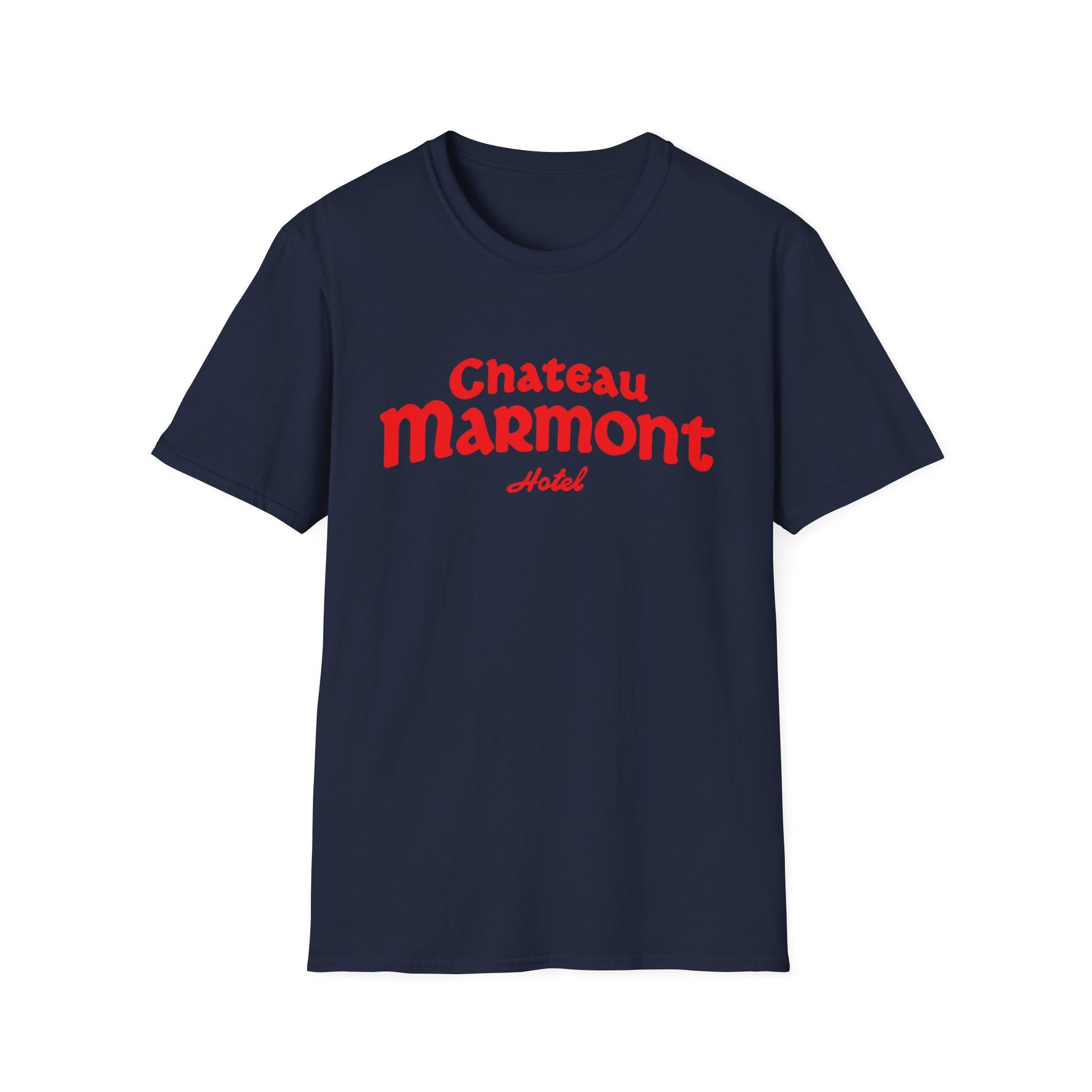 Dark blue t-shirt with red "Chateau Marmont Hotel" logo.