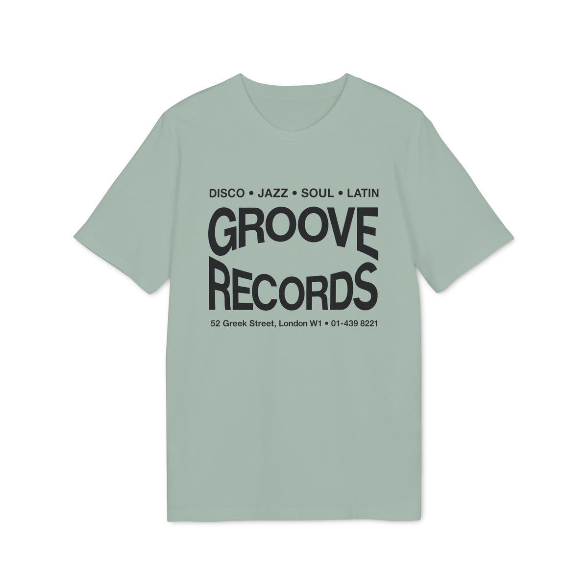 Sage green t-shirt with black text on the chest reading Groove Records.